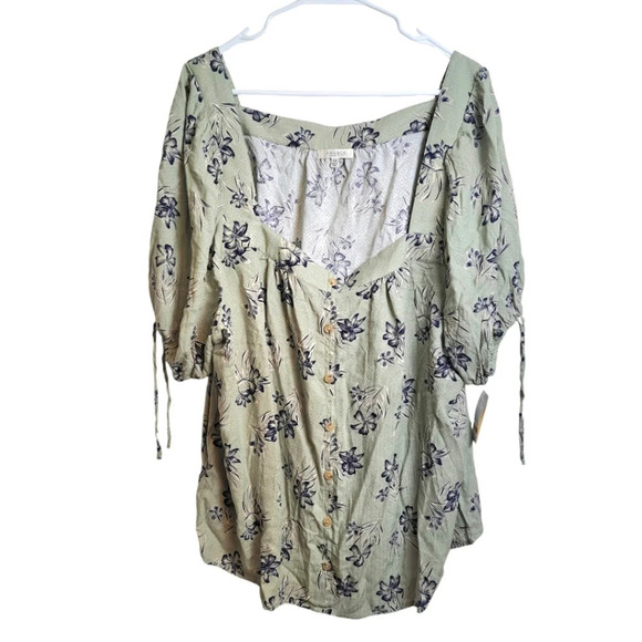 Angels Green Blue Tropical Flower Button Up Square Neckline Puff Sleeve Top S 3X - Picture 2 of 7